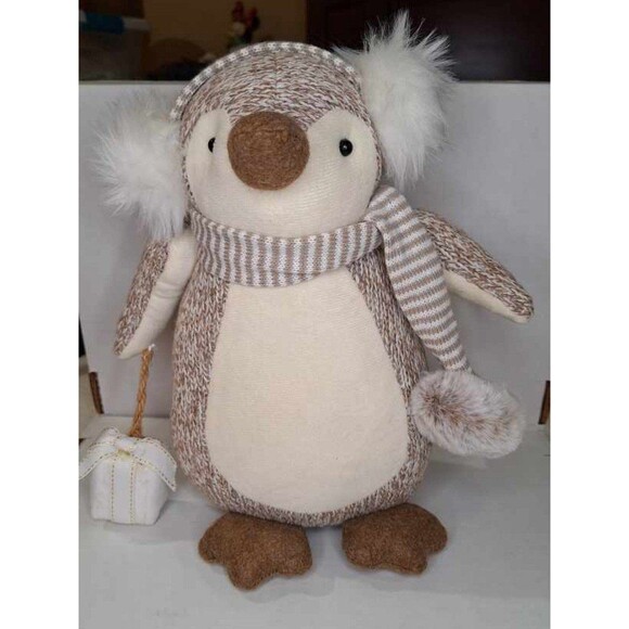 Penguin Plush Stuffed Scarf Ear Muffs Decor Only, Beige & White Beautiful 15" - Picture 1 of 12